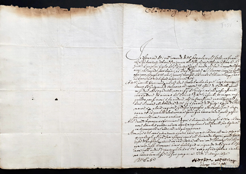 Antico raro manoscritto umbro del 1696 scampato a incendio, vergato a penna d’oca e inchiostro di galla su carta vergellata e filigranata  - Asta ASTA DI ARTE MODERNA, CONTEMPORANEA E VINTAGE - Aste Pirone