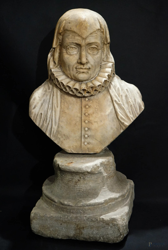 Scultore del XVII secolo, Busto di nobildonna con gorgiera, in marmo bianco, cm h 72, (difetti)  - Asta ASTA A TEMPO DI ANTIQUARIATO E ARTE MODERNA – DUE SESSIONI - Aste Pirone