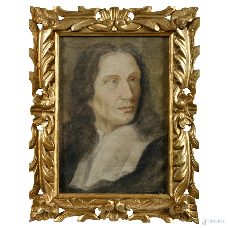 Ritratto virile, XIX secolo, tecnica mista su carta, cm 41x29, entro cornice, (segni di usura e di piegatura, increspature e piccole lacerazioni della carta, difetti)  - Asta RAPIDA SOLIS - Aste Pirone