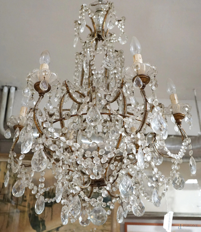 Lampadario Maria Antonietta a sei luci, in vetro e cristallo, cm h 90  - Asta ASTA DI ANTIQUARIATO E ARTE MODERNA - Aste Pirone