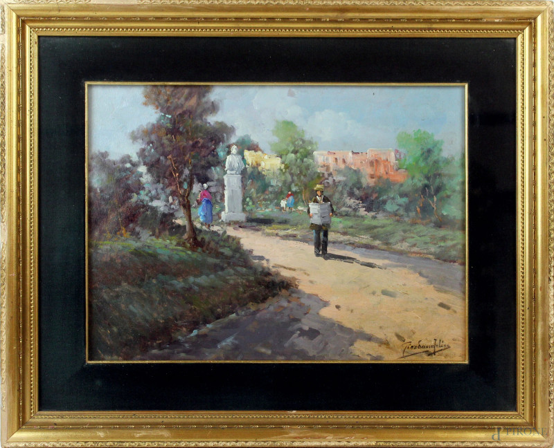 Scorcio di parco con figure, olio su compensato, cm 30x40, firmato, entro cornice.  - Asta Asta a Tempo di Antiquariato e Arte Moderna - Aste Pirone