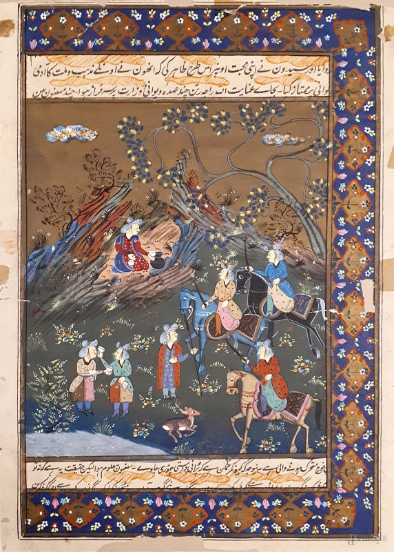 Arte islamica, antica e originale pagina miniata iraniana “Negargarè” raffigurante Pausa conviviale prima della battuta di caccia, Iran primi dell’800, colori vegetali e oro zecchino su carta, cm 32x23, reca iscrizioni vergate a pena d’oca e inchiostro nero in lingua araba  - Asta ASTA A TEMPO di Arte Moderna e Antiquariato - Aste Pirone