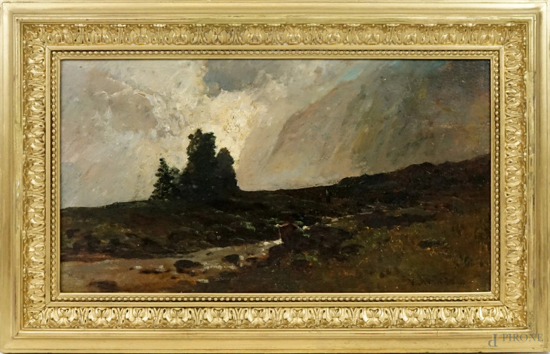 Paesaggio con ruscello al tramonto, olio su cartone, cm 28x51,5, firmato, entro cornice.  - Asta ASTA A TEMPO DI ANTIQUARIATO E ARTE MODERNA – DUE SESSIONI - Aste Pirone