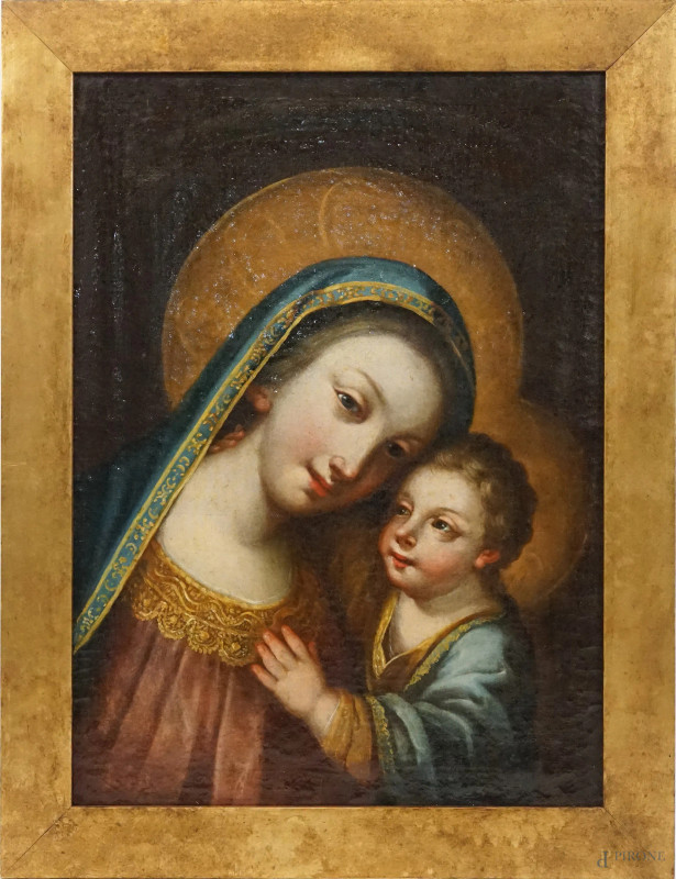 Pittore del XVII secolo, Madonna col Bambino, olio su tela applicata su compensato, cm 48x35, entro cornice  - Asta ASTA A TEMPO DI ANTIQUARIATO E ARTE MODERNA - Aste Pirone