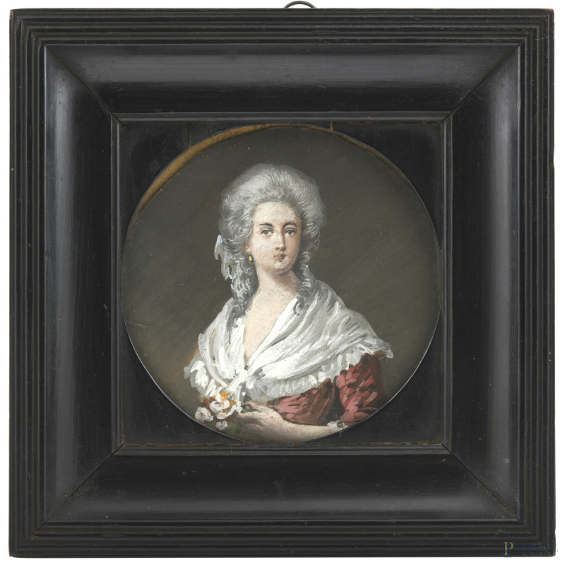 Miniatura raffigurante dama, XX secolo, entro cornice, misure complessive cm 17x17, (segni di usura)  - Asta ASTA A TEMPO | ELECTA - Aste Pirone