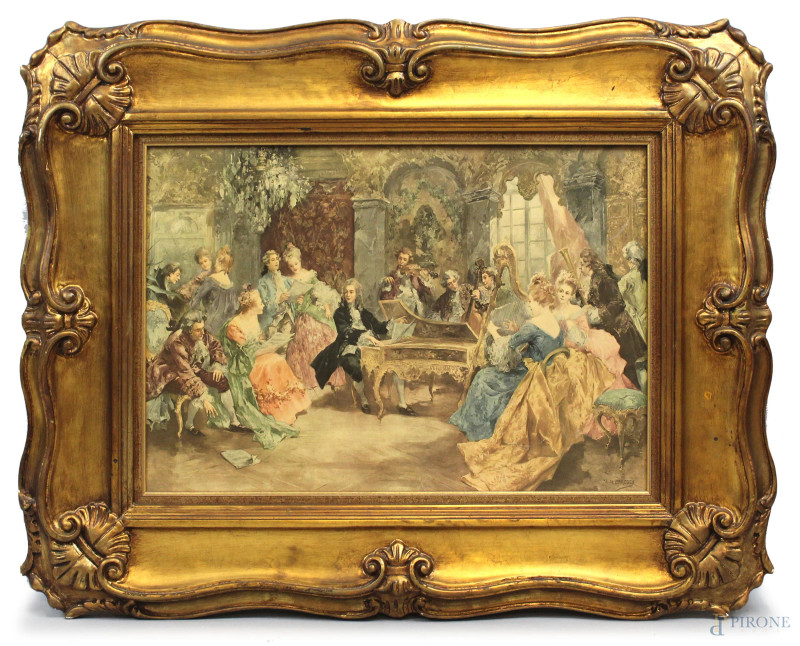 Saggio di musica di Handel, oleografia su tela da Vicente Garcia De Paredes (1845-1903), cm 48x67, XX secolo, entro cornice.  - Asta ANTIQUARIATO E ARTE MODERNA - Aste Pirone