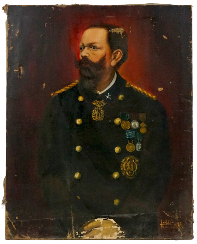 Vittorio Emanuele II di Savoia, olio su tela, cm 100,5x80, firmato, (difetti sulla tela).  - Asta ASTA A TEMPO - Aste Pirone