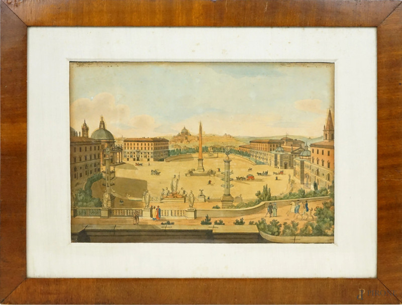 Piazza del Popolo, tecnica mista su carta, cm 30x40, firmato Gaetano Cottafavi, entro cornice.  - Asta ASTA A TEMPO DI FINE STAGIONE - Aste Pirone