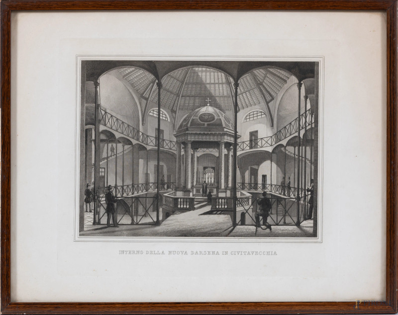 Interno della Nuova Darsena in Civitavecchia, XX secolo, incisione su carta, cm 29,5x38,5 compreso passepartout, entro cornice, (bruniture della carta, tracce di umidità)  - Asta ASTA A TEMPO | VARIÆ - Aste Pirone