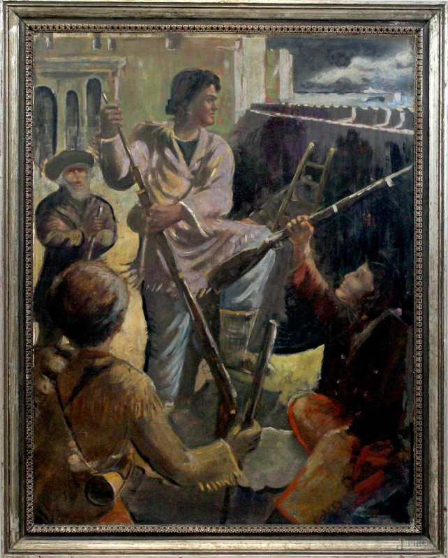 Donna con soldati rivoluzionari, olio su compensato, cm 114x88, entro cornice, (difetti).  - Asta Asta a Tempo di Antiquariato e Arte Moderna - Aste Pirone