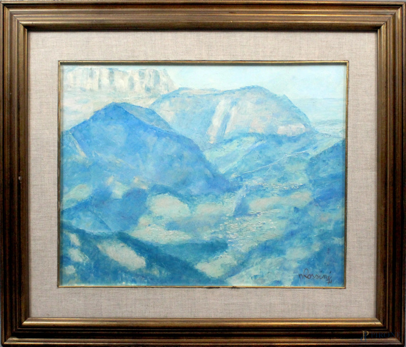 Nicola Rossini : Paesaggio montano, olio su tela, cm. 36x46, firmato e datato in basso a destra, entro cornice.  - Asta SECONDA TORNATA D' ASTA A TEMPO DI FINE STAGIONE - Aste Pirone