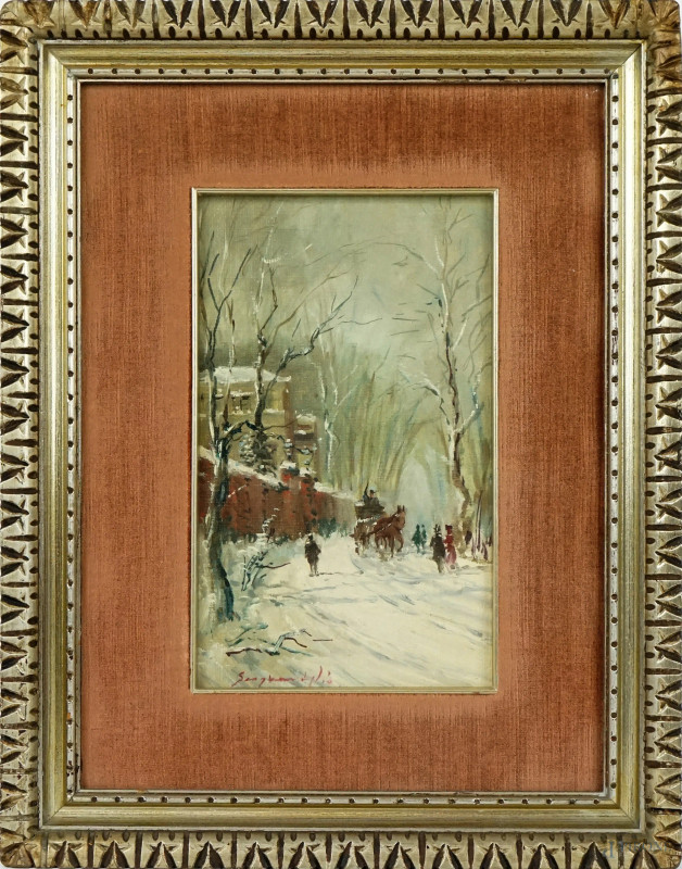 Viale innevato con carrozza, olio su cartone telato, 23x13,5, firmato, entro cornice.  - Asta I TORNATA DI ASTA A TEMPO DI ARTE MODERNA E ANTIQUARIATO - Aste Pirone