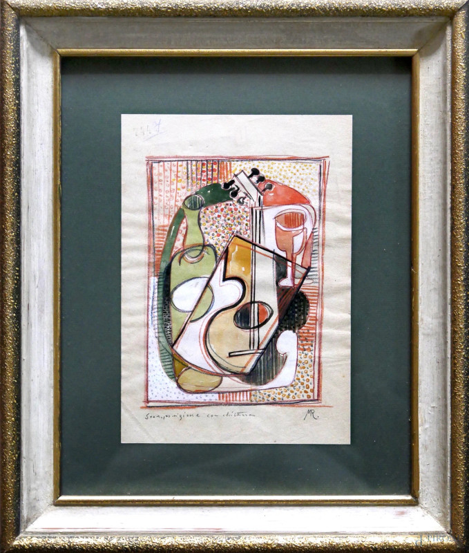 Scomposizione con chitarra, tecnica mista su carta, cm 15x21, titolata e siglata, entro cornice  - Asta ANTIQUARIATO E ARTE MODERNA - Aste Pirone