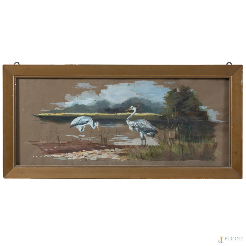 Gru, XX secolo, tecnica mista su carta, cm 24x58, entro cornice, (segni di usura, lacerazioni, tracce di umidità, difetti)  - Asta RAPIDA SOLIS - Aste Pirone