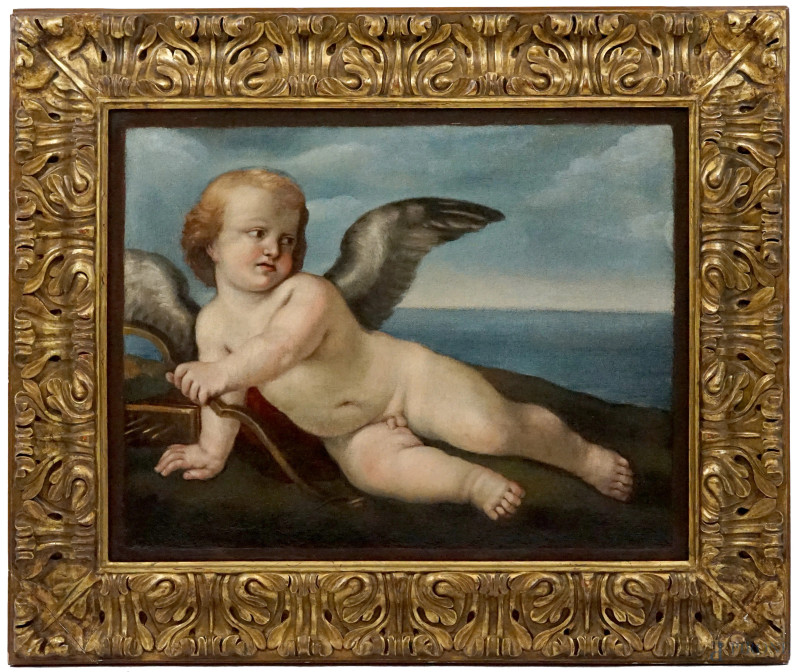 Pittore bolognese del XVII secolo, Cupido, olio su tela, cm 55x71, entro cornice  - Asta ASTA A TEMPO DI ANTIQUARIATO E ARTE MODERNA - Aste Pirone