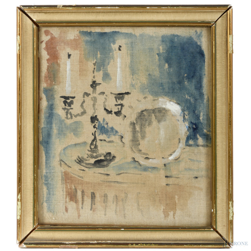 Natura morta con candeliere, XX secolo, tecnica mista su tela, cm 33x29, entro cornice, (segni di usura)  - Asta ASTA A TEMPO | VARIÆ - Aste Pirone