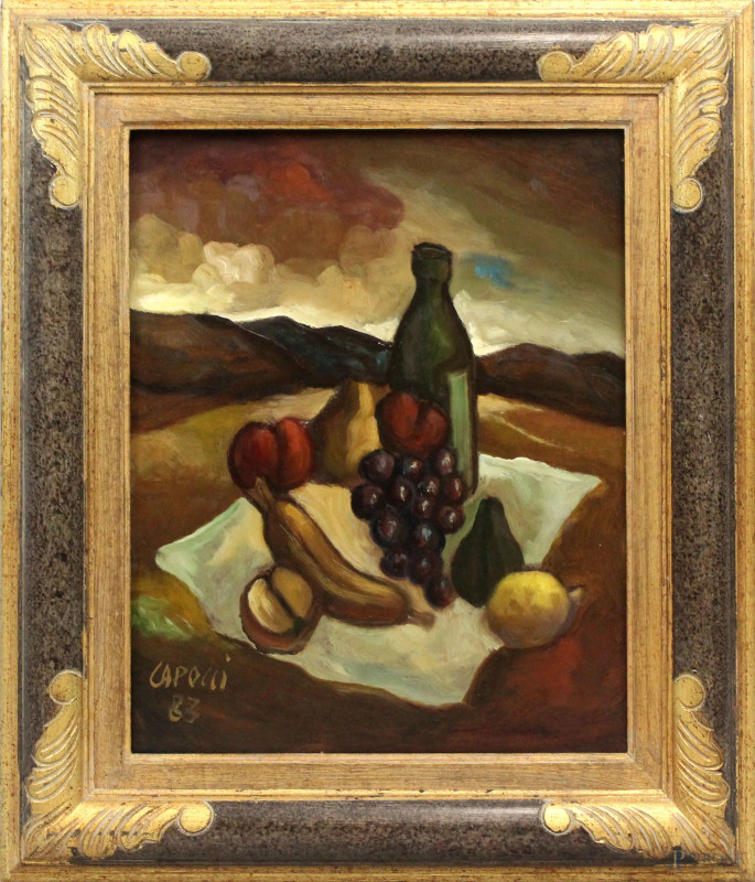 Natura morta con frutta e bottiglia, olio su tavola, cm 50x40, firmato e datato Capocci '83, entro cornice.  - Asta ANTIQUARIATO E ARTE MODERNA - Aste Pirone