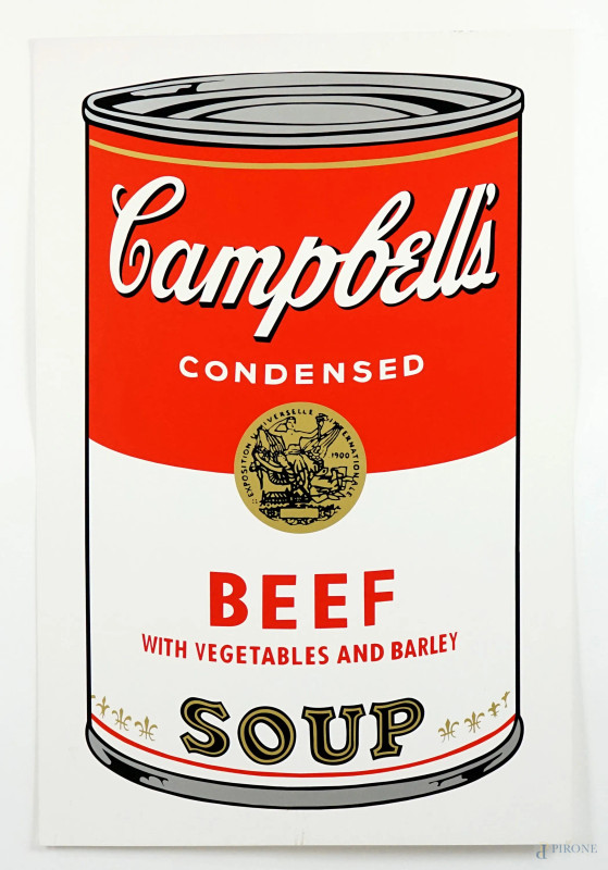 After Andy Warhol (1928-1987), Campbell's Beef Soup, Sunday B. Morning , 2000ca., serigrafia a colori su carta, cm 89x58,5, con timbro blu sul retro: "Fill in your signature" e "Published by Sunday B.Morning", (difetti sulla carta).  - Asta II TORNATA DI ASTA DI ARTE MODERNA E ANTIQUARIATO - Aste Pirone