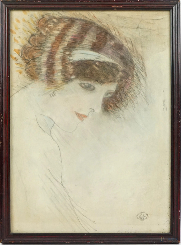 Volto di donna, tecnica mista su carta, cm 37x27, siglato "SL", entro cornice, (difetti sulla carta).  - Asta ASTA A TEMPO di Arte Moderna e Antiquariato - Aste Pirone