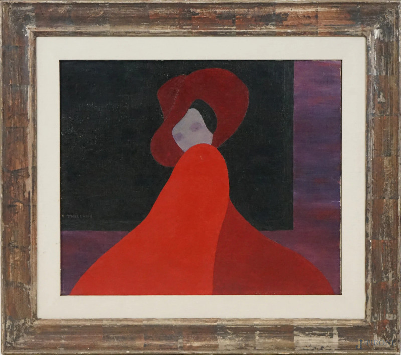 Antonio Thellung : Signora con cappello rosso,olio su tela, cm 50x60, entro cornice.  - Asta ASTA DI ARTE MODERNA, CONTEMPORANEA E VINTAGE - Aste Pirone