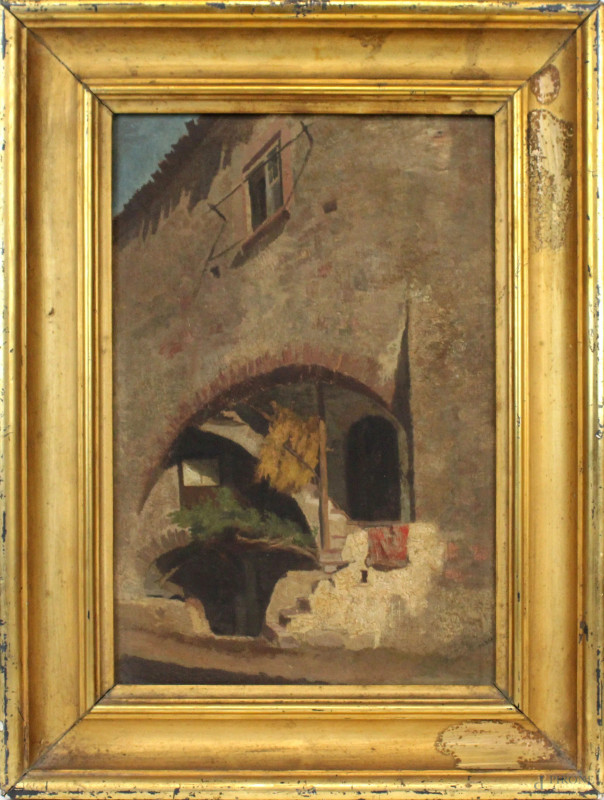 Palazzo con portico, olio su tela, cm 40x30, firmato, entro cornice.  - Asta ANTIQUARIATO E ARTE MODERNA - Aste Pirone