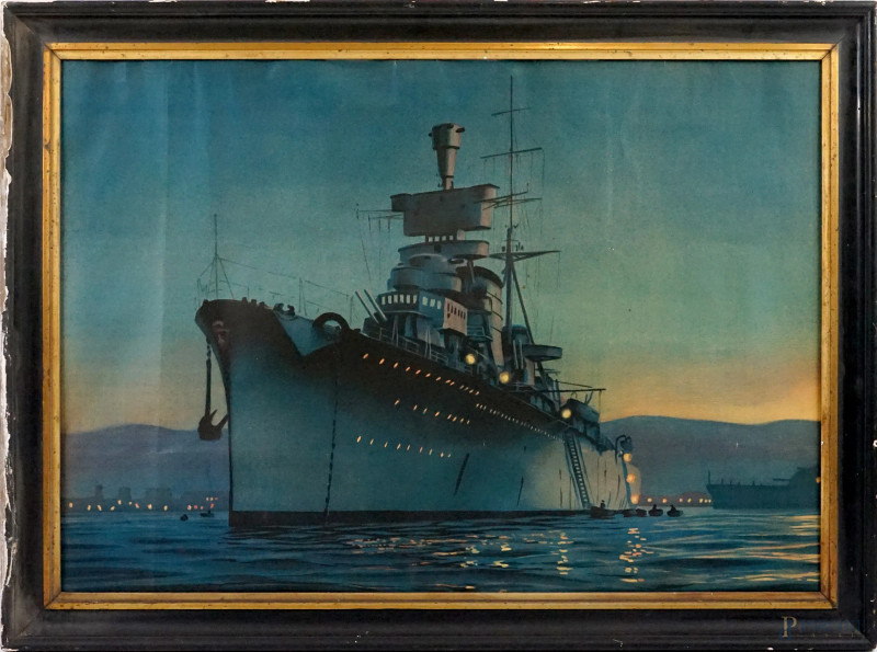 Regia marina - corpo reale equipaggi, oleografia a colori, cm 59x100, XX secolo, entro cornice.  - Asta ASTA A TEMPO - Aste Pirone