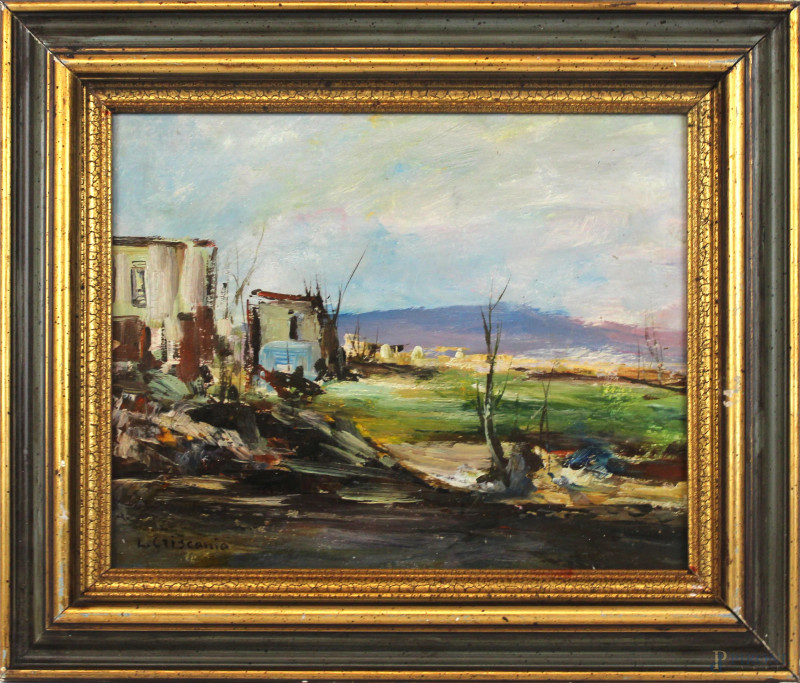 Paesaggio con case, olio su cartoncino, cm 27,5x34,5, firmato, entro cornice.  - Asta ASTA DI ARTE MODERNA E ANTIQUARIATO - Aste Pirone