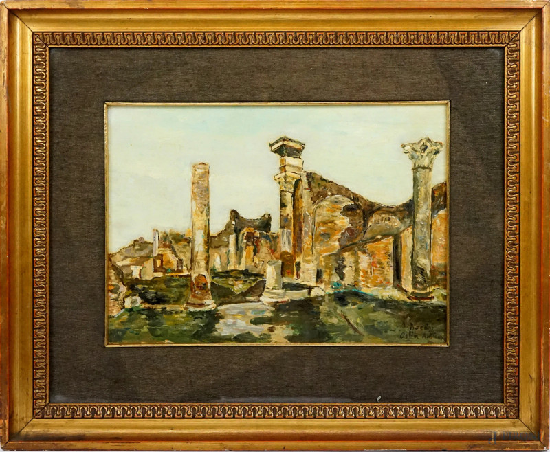 Rovine di Ostia antica, olio su masonite, cm 25x35, firmato, entro cornice.  - Asta ASTA A TEMPO - Aste Pirone