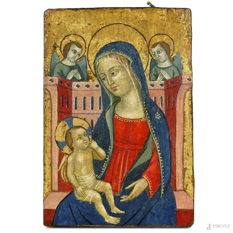 Madonna in trono con Bambino ed angeli, antica tempera su tavola, cm 27,5x18,5, (cadute di colore).  - Asta II TORNATA DI ASTA DI ARTE MODERNA E ANTIQUARIATO - Aste Pirone