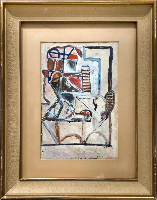 Sebastiano Carta (1913-1973), Composizione futurista, 1954, tempera su carta, cm 30x20, firmato e datato in basso a destra, entro cornice.  - Asta ASTA A TEMPO DI ANTIQUARIATO E ARTE MODERNA - Aste Pirone