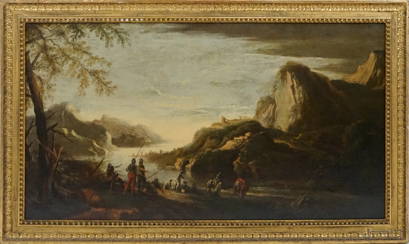 Seguace di Salvator Rosa (Arenella, 1615- Roma,1673),  Paesaggio con cavalieri in riva al fiume, olio su tela, cm 51x90,5, entro cornice.  - Asta ASTA A TEMPO DI ANTIQUARIATO E ARTE MODERNA - Aste Pirone