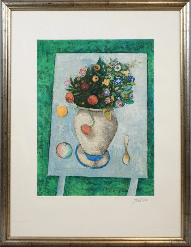 Franco Gentilini : Vaso con fiori, litografia es. XVII/XXX, cm 86x65, entro cornice  - Asta ASTA A TEMPO - DUE SESSIONI - Aste Pirone