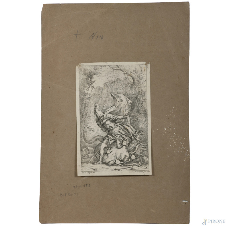 Incisione applicata su cartoncino raffigurante San Giorgio e il drago da disegno di Salvator Rosa, XVIII secolo, cm 16,5x10,5, (segni di usura, lacerazioni, segni di piegatura)  - Asta RAPIDA SOLIS - Aste Pirone