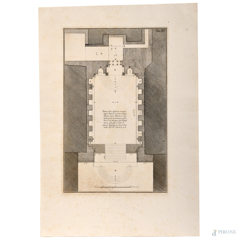Giovanni Battista Piranesi  (1720 – 1778) Incisione I stato,  Pianta della Spelunca ornata dagli antichi in riva al lago di Albano, foglio cm 52,5x36, (segni di usura, tracce di umidità)  - Asta ASTA A TEMPO | PICTA MANENT - Aste Pirone