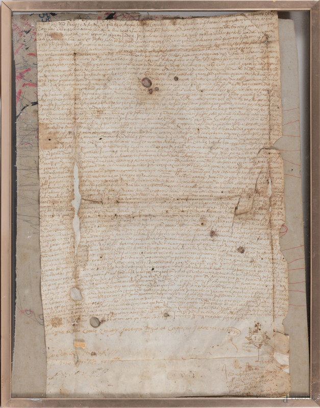 Documento feudale, inchiostro su pergamena, cm 52x33, (segni di usura, lacerazioni, fori, tracce di umidità, difetti, segni di piegatura, strappi)  - Asta ASTA A TEMPO | VARIÆ - Aste Pirone