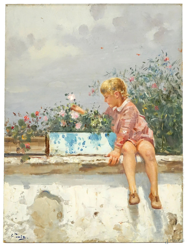 Bambina in terrazza, olio su compensato, cm 39,5x29, firmato G. Panza, entro cornice.  - Asta ASTA A TEMPO di Arte Moderna e Antiquariato - Aste Pirone