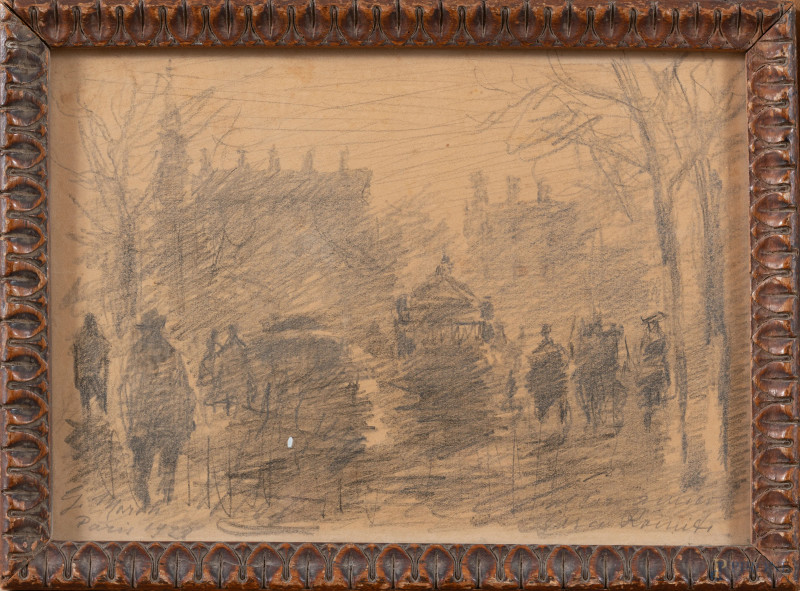 Strada di Parigi, grafite su carta, cm 17x23, datato "Paris 1928" in basso a sinistra e firmato in basso a destra, entro cornice (segni di usura, bruniture)  - Asta ASTA A TEMPO | ELECTA - Aste Pirone