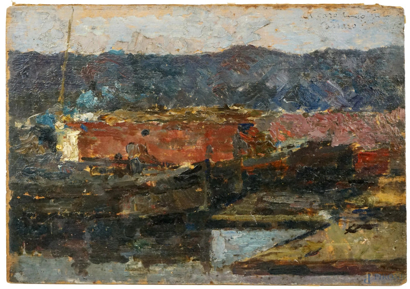 Paesaggio con porto, olio su tavola, cm 19x28, firmato in alto a destra Passaro, con dedica, entro cornice  - Asta ASTA DI ARTE MODERNA, CONTEMPORANEA E VINTAGE - Aste Pirone