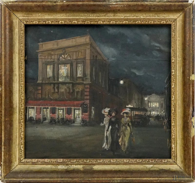 Parigine a teatro, tempera su cartone, cm 36x39,5, firmato, entro cornice.  - Asta ASTA A TEMPO - Aste Pirone