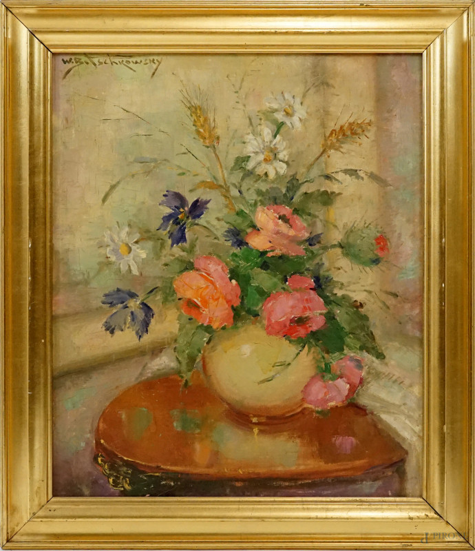 Wladimir Bitschkowsky : Vaso con fiori, olio su tela riportata su cartone, cm 60x50, entro cornice.  - Asta ASTA A TEMPO - Aste Pirone