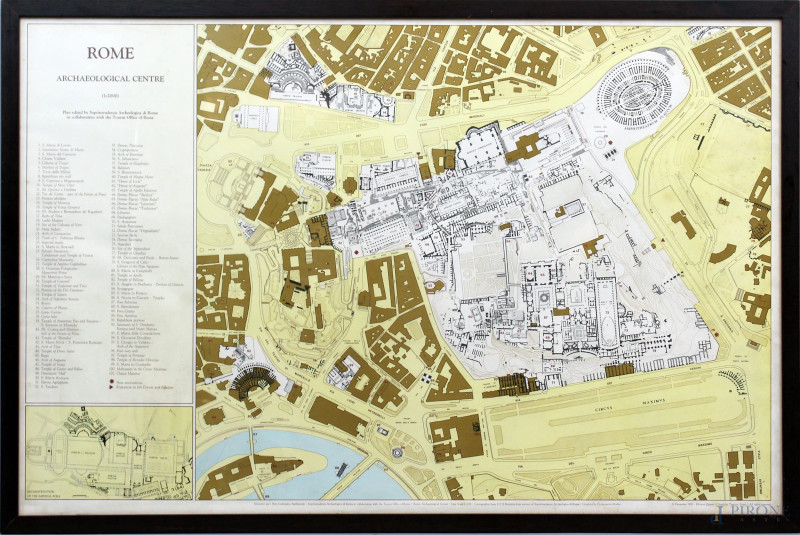 Pianta del centro archeologico di Roma in scala 1:2000, piano della Soprintendenza archeologica di Roma, Edizioni Quasar di Severino Tognon, Roma, 1985, entro cornice.  - Asta ASTA DI ARTE MODERNA E ANTIQUARIATO - Aste Pirone