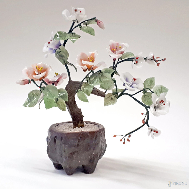 Bonsai vintage realizzato con mix di pietre dure in diverse tonalità di colore, altezza cm 35 circa, Cina popolare, XX secolo  - Asta ASTA DI ARTE MODERNA E ANTIQUARIATO - Aste Pirone