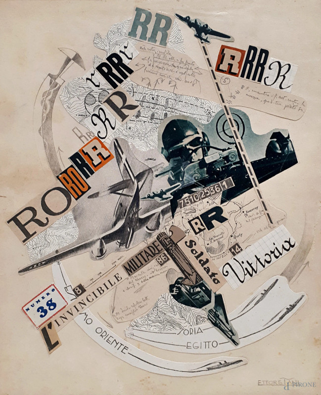 Aeropittore del Novecento, L’Invincibile, aeropittura a tecnica mista e collage su cartoncino, cm 31x25, firmato, con cornice  - Asta ASTA DI ARTE MODERNA, CONTEMPORANEA E VINTAGE - Aste Pirone