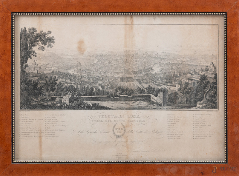 Stampa raffigurante Veduta di Roma vista dal Gianicolo, XIX secolo, cm 28,5x41, entro cornice (tracce di umidità, foxing, difetti, lacerazioni, segni di usura)  - Asta  ASTA A TEMPO | VARIÆ - Aste Pirone