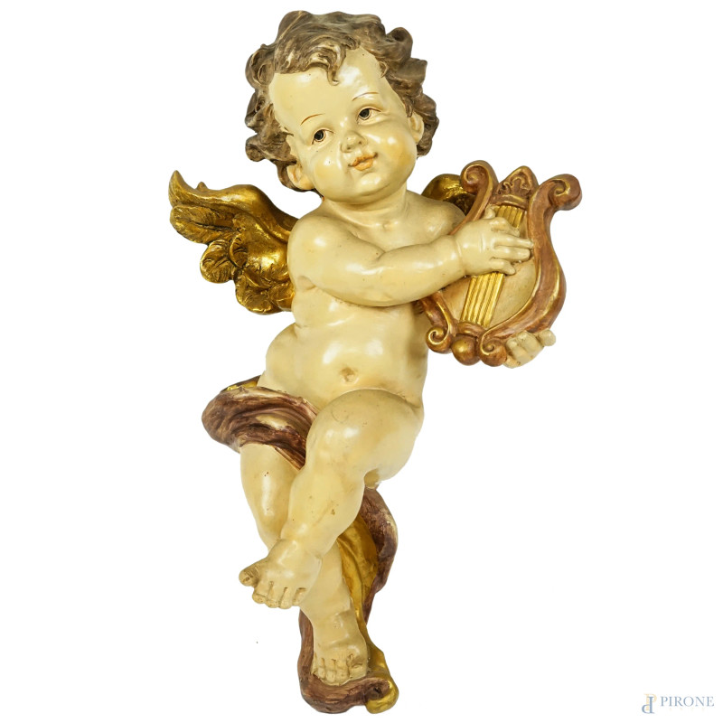 Putto musicante in ceramica policroma, XX secolo, cm 58  - Asta ASTA A TEMPO di Arte Moderna e Antiquariato - Aste Pirone