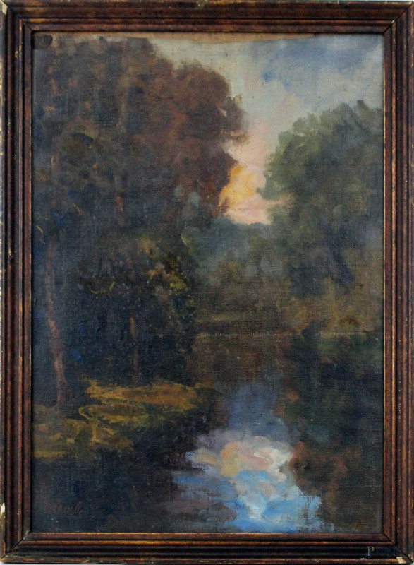 Giovanni Sirombo : Paesaggio fluviale, olio su tela, cm 50x36, entro cornice, (mancante telaio).  - Asta ANTIQUARIATO E ARTE MODERNA - Aste Pirone