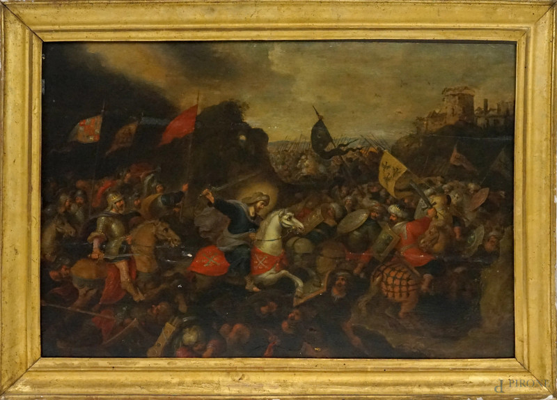 Pittore del XVIII secolo, Battaglia di Clavijo, olio su tavola, cm 51.5x77,5, entro  cornice, (difetti)  - Asta ASTA A TEMPO DI ANTIQUARIATO E ARTE MODERNA - Aste Pirone