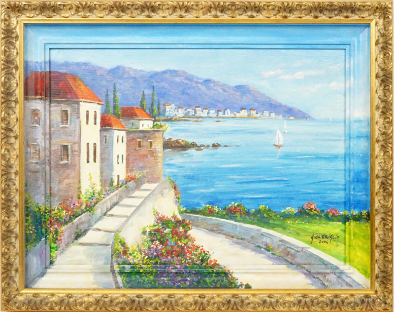 Omaggio a Burnett-paesaggio sul mare con case, acrilico su tela, cm 35x48, firmato G. Carriglio 2004, entro cornice  - Asta ASTA A TEMPO di Arte Moderna e Antiquariato - Aste Pirone