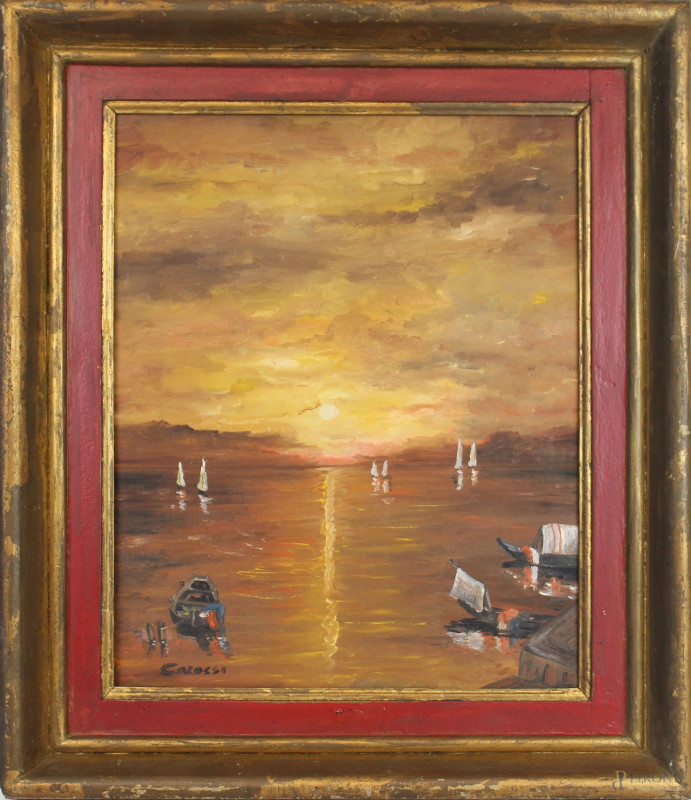 Lago al tramonto, olio su tela, cm 50x40, firmato, entro cornice.  - Asta ASTA DI ARTE MODERNA E ANTIQUARIATO - Aste Pirone