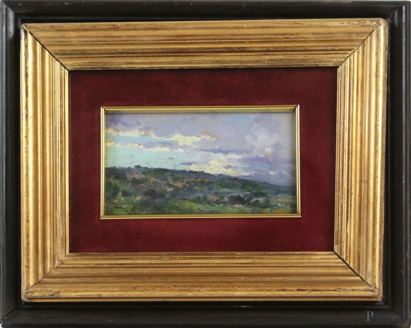 Paesaggio, olio su cartone, cm 8x14, firmato, entro cornice  - Asta Asta a Tempo di Antiquariato e Arte Moderna - Aste Pirone